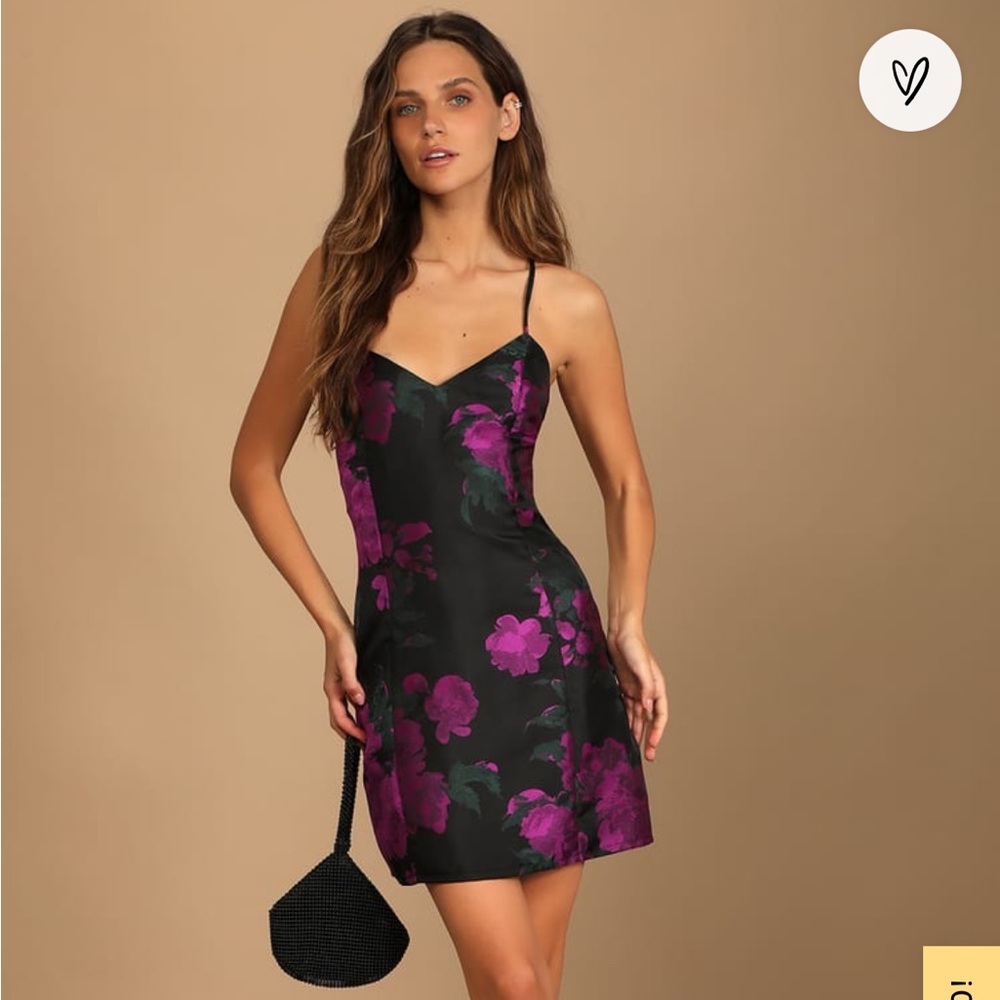 NWT Lulu's Setting the Mood Black Purple Floral Jacquard Mini Shift Dress